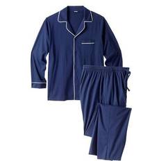 KingSize Long Sleeve Pajama Set - Navy White Piping