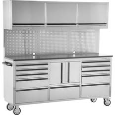 Rolling tool box OEM Tools OEMTOOLS OEM24615 72 Inch 11-Drawer Upper Cabinet, Work Surface, Pegboard, Mechanics’ Rolling Chest, Large Tool Box, Garage Workbench, Silver