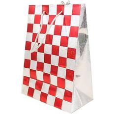 Jam Paper Checkered Gift Bags Red & Silver 7 x 9 7/8 x 3 7/8 24/Pack