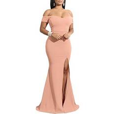 YMDUCH Women's Off Shoulder High Split Evening Gown - Pink