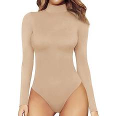 Mangopop Women's Mock Turtle Neck Long Sleeve Tops Bodysuit - Nude