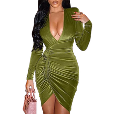YMDUCH Sexy Long Sleeve V Neck Ruched Bodycon Wrap Cocktail Club Mini Dress - Grass Green
