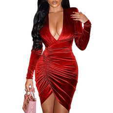 YMDUCH Sexy Long Sleeve V Neck Ruched Bodycon Wrap Cocktail Club Mini Dress - Red