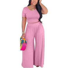 BffBaby Backless Short Sleeve Crop Top High Waist Wide Leg Long Pant Set - Pink