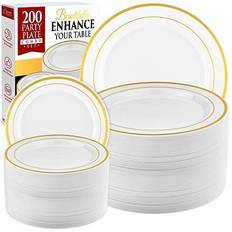 Munfix 100 Piece Plastic Party Plates White Gold Rim 50 Premium Heavy Duty 10.25 inch Dinner Plates and 50 Disposable 7.5 inch Dessert