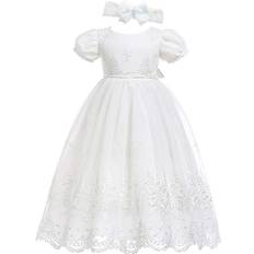 Glamulice Baby Girl's Christening Baptism Floral Embroidered Dress & Handmade Headband - Off White