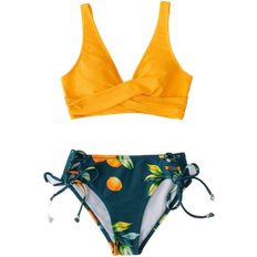 Wrap Front & Floral Print Tie Side Bikini Set - Yellow