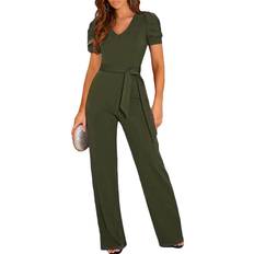 Blencot Women's Short Sleeve V-Neck Belted Wide Leg Formal Jumpsuit - Green