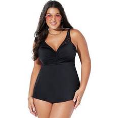 Swimsuits For All Plus Women's Bra Sized Crochet Underwire Tankini Top in Black Size DD