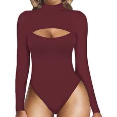 Mangopop Women Mock Neck Cutout Front Short Sleeve Bodysuit - Burgundy •  Price »