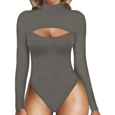 MANGOPOP Women's Square Neck Short Sleeve Long Sleeve Tops Bodysuit  Jumpsuit, Long Sleeve Nude