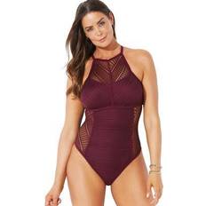 Swimsuits for All Women's Plus Size Chlorine Resistant High Neck Tummy  Control One Piece Swimsuit, 14 - Mediterranean Hibiscus