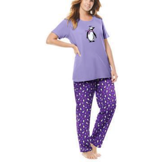 Dreams & Co Women's Graphic Tee PJ Set Plus Size - Plum Burst Penguins