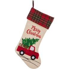 GlitzHome 21" Embroidered Red Truck Linen Christmas Stocking