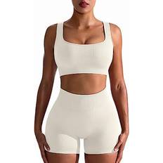 OQQ Women's 3 Piece Outfits Ribbed Seamless Exercise Scoop Neck Sports Bra  One Shoulder Tops High Waist Shorts Active Set : : Clothing, Shoes