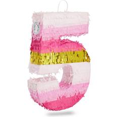 Blue Panda Number 5 for kids girl 5th birthday party, gold pink 16.5 x 11.6 x 3 in