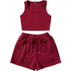 Shein Red Jumpsuits & Overalls Shein EZwear Scoop Neck Tank Top and Track Shorts - Burgundy