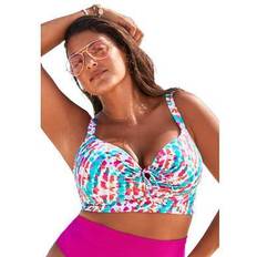 Swimsuits For All Plus Women's Bra Sized Tie Front Longline Underwire Bikini Top in Multi Tie Dye Size DD