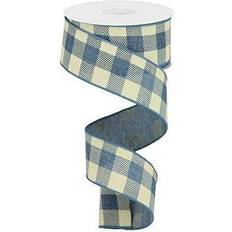 White Ties Plaid Check Wired Edge Ribbon Yards Faded Denim, Ivory, 1.5"