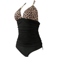 RXRXCOCO Women V Neck One Piece Swimsuits - Leopard & Black