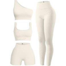 OQQ Workout Outfits for Women 2 Piece Seamless Ribbed High Waist Leggings  with Sports Bra Exercise Set, Beige