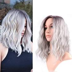 Wigs FAELBATY Curly Grey Wig Short bob Wigs Shoulder Length side part Women's Short Wig ombre color Synthetic Cosplay Wig for Girl Halloween Costume Wigs Ombre Purple Grey Color