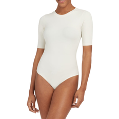 Polyester - Women Bodysuits Spanx Suit Yourself Ribbed Crew Neck Short Sleeve Bodysuit - Parchment