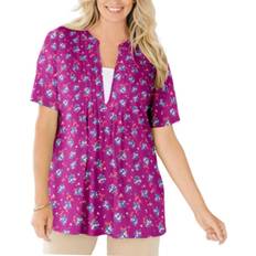 Woman Within 7-Day Layer-Look Elbow-Sleeve T-shirt - Raspberry Ditsy Bouquet
