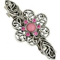 1928 jewelry silver-tone pink cabochon & crystal flower barrette