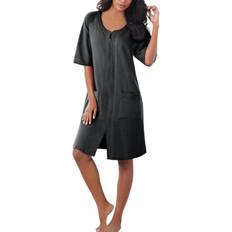 Women's Short French Terry Zip-Front Robe - Black