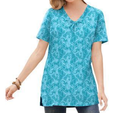 Woman Within Perfect Printed Short-Sleeve Shirred V-Neck Tunic Plus Size - Azure Paisley