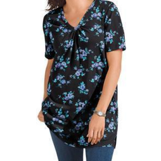 Woman Within Perfect Printed Short-Sleeve Shirred V-Neck Tunic Plus Size - Blue Rose Ditsy Bouquet