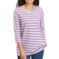 Woman Within Perfect Printed Three-Quarter Sleeve V-Neck Tee Plus Size - White Multi Mini Stripe