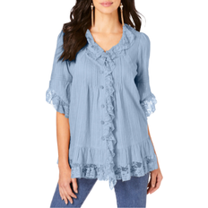 Plus size blouses for women Roaman's Whitney Lace Shirt - Pale Blue