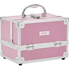 Cosmetics Glamlily Pink Makeup Train Case with Lock and 2 Keys, 3-Tier Cosmetic Storage Box