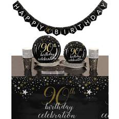 Plates, Cups & Cutlery Sparkle and Bash 90th Birthday Party Supplies Decorations for 24 Guests Black Gold Plates Napkins Cups Tablecloths Banner