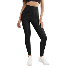 Shein Polyester Tights Shein Basic Textured Wide Waistband Solid Sports Leggings - Black