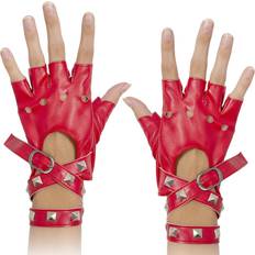 Skeleteen fingerless faux leather gloves red biker punk gloves with belt up