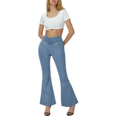 Halara High Waisted Crossover Pocket Washed Stretchy Knit Casual Super Flare Jeans - Denim Light Blue