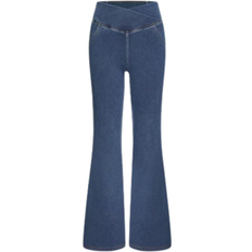 Halara High Waisted Crossover Pocket Washed Stretchy Knit Casual Super Flare Jeans - Washed Denim Dark Blue