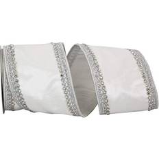 Reliant Ribbon Plush Velvet Jewel Trim Wired Edge Ribbon, 4 Inch X 5 Yards, White/silver