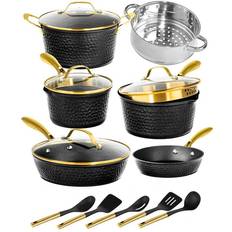 Kitchen Academy Induction Cookware Sets - 15 Pcs Black Hammered Cooking  Pans Set, Healthy Granite Nonstick Pots and Pans Set