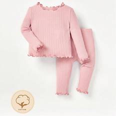 Shein Cozy Cub Newborn Baby Girl Lettuce Trim Ribbed Knit PJ Set