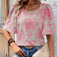 Shein Allover Print Puff Sleeve Blouse