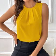 Shein Women Blouses Shein Clasi Solid Fold Pleated Detail Sleeveless Blouse