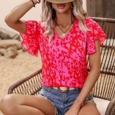 Shein Polyester Blouses Shein VCAY Allover Print Petal Sleeve Blouse