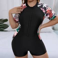 Shein Polyester Swimsuits Shein Plus Floral Print Zipper Front One Piece Swimsuit