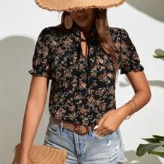 Shein L Blouses Shein Floral Print Tie Neck Puff Sleeve Blouse