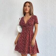 Shein Red Clothing Shein Ditsy Floral Print Plunging Neck Dress