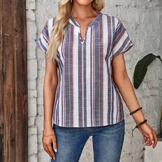 Shein XXL Blouses Shein Striped Notched Neck Batwing Sleeve Blouse